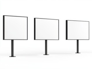 Fototapeta premium 2408 48.A set of blank real estate signs viewed from different angles, featuring a rectangular white sign mounted on a simple post. The angles include front-facing, side views, and an overhead