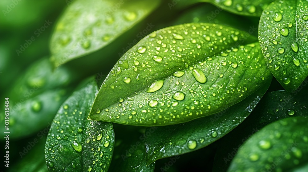 Poster A natural texture of the leaves Closeup of a Dewdrop on a fresh juicy Lily of the valley leaf in the early morning for a design on the theme of spring ecology freshness : Generative AI