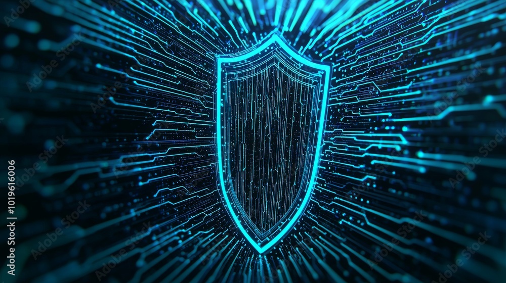 Poster a glowing shield surrounded by streams of digital data, symbolizing cybersecurity and protection in 