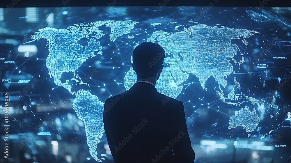 Poster Tech driven Global Business Businessman embraces technology as he analyzes big data for business intelligence composition of world map digital links emphasizes interconnectedness of gl : Generative AI