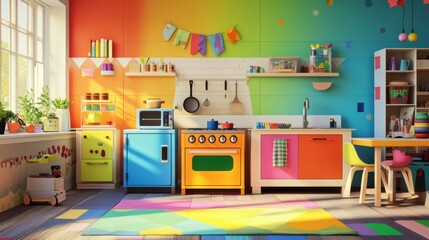 A vibrant, colorful kitchen featuring playful furniture, bright walls, and a cheerful atmosphere perfect for children or creative cooking.