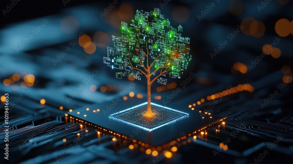 Aufkleber a captivating digital tree emerges from a computer circuit board, symbolizing the fusion of technolo
