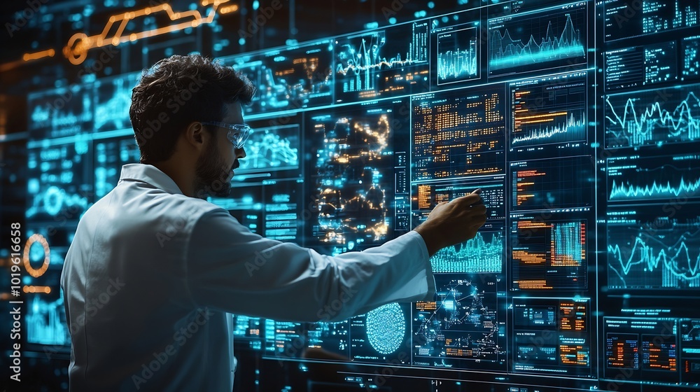 Poster Business analytics using big data and AI technology data mining filtering sorting and clustering insights Data scientist using virtual computer screen to work on machine learning : Generative AI