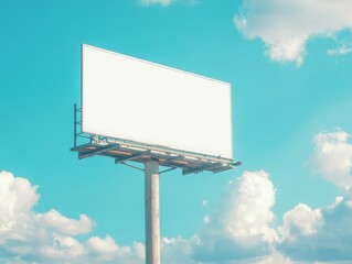 A simple, blank white billboard stretches high into a clear sky, illuminated by natural sunlight. The smooth white surface of the sign contrasts with the deep blue sky, offering an ideal space for com