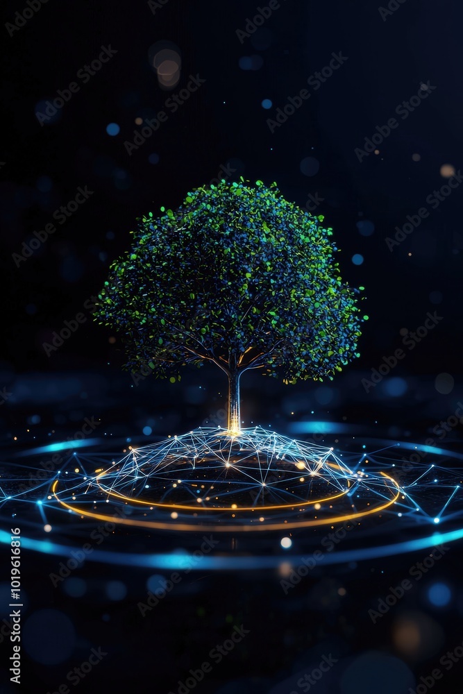 Poster an imaginative digital representation of a tree, symbolizing growth and connection in a cosmic lands