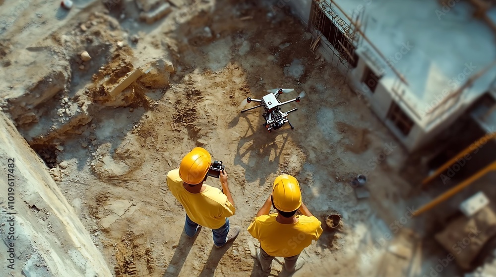 Aufkleber Engineer surveyor team Use drone for operator inspecting and survey construction site Surveyors or explorer use drones to view construction sites or check security : Generative AI