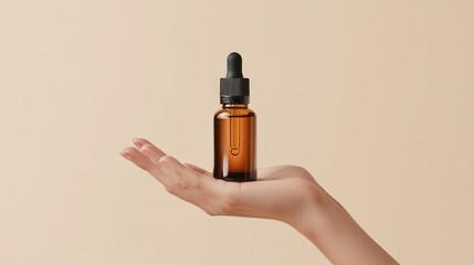 Hand holding a glass dropper bottle with amber liquid on a beige background.