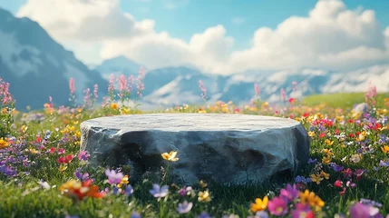 Fototapete Abstact 3d render spring scene and Natural background Stone podium on the colorful flowers and grass field backdrop blue sky and cloud for product display advertising mockup or etc : Generative AI © The Little Hut