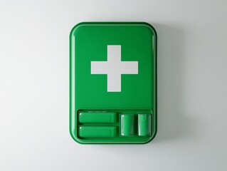 Fototapeta premium 2408 133.A bright green first aid sign featuring a prominent white cross is fixed to a pristine white wall. Directly beneath it, a well-organized green medicine kit is neatly hung, its sleek design