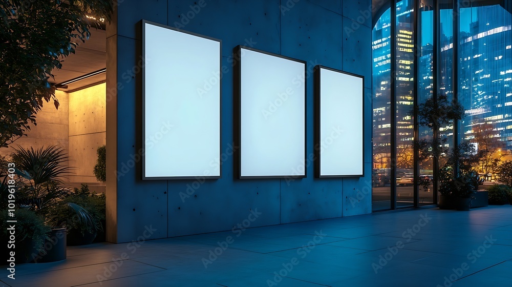 Poster triple vertical digital poster mockup background in sleek modern interior blank white showcase scree