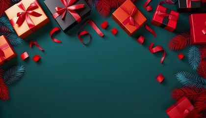 Red and black Christmas background concept Red and black ribbons wrapped around Christmas gift boxes