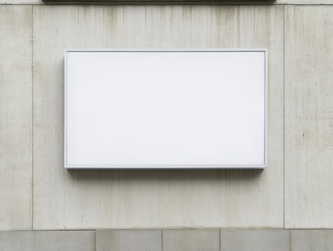 2408 146.A rectangular blank billboard with a white surface mounted on an office wall made of soft fabric. The contrasting textures between the smooth billboard and the fabric wall highlight the