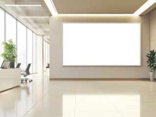 Fototapeta premium A large, empty billboard standing on a metal structure, completely white and isolated against the rich blue sky. The sunlight reflects off the surface, creating subtle highlights, while the expansive 