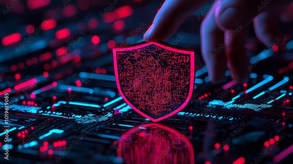 Poster a neon-lit shield symbolizing cybersecurity is being placed on a circuit board, emphasizing protecti