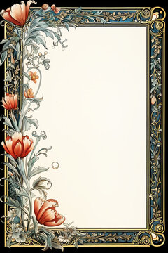 Ultra thin medieval floral style page border in blue and white around negative space.