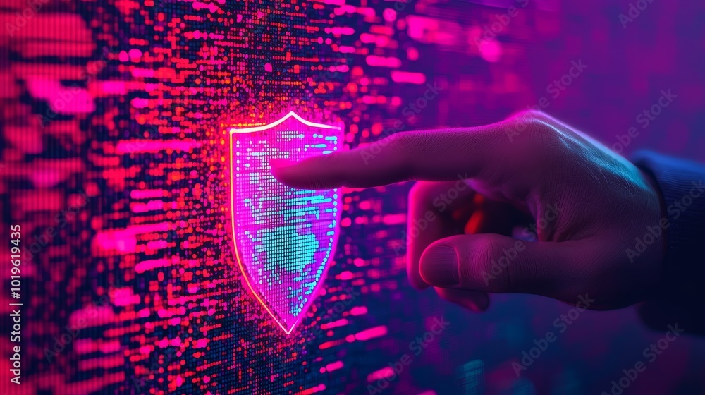 Poster a glowing digital shield is being touched by a hand against a backdrop of colorful data streams, sym