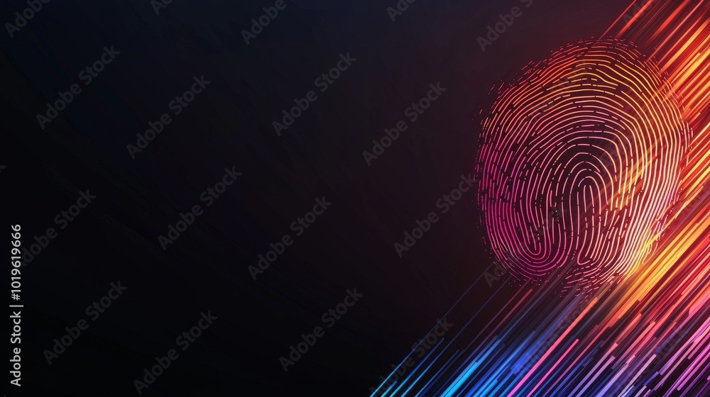 Poster a vibrant digital fingerprint design set against a dark background, symbolizing identity and securit