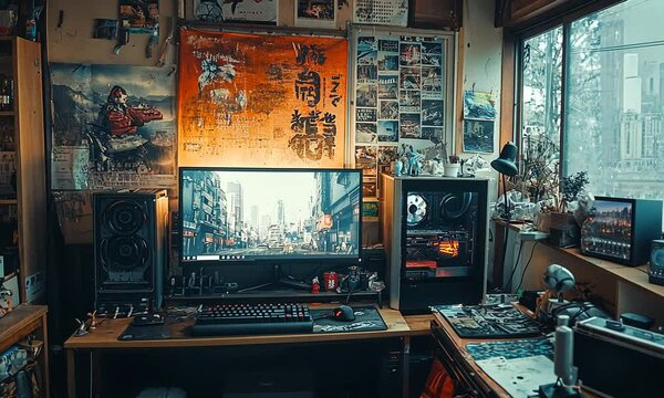Gaming Setup with Cityscape Desktop Background