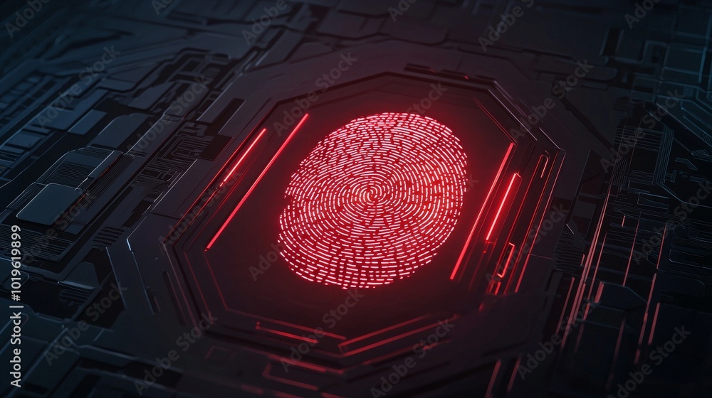 Poster a digital fingerprint illuminated in red, set against a dark, high-tech background representing adva