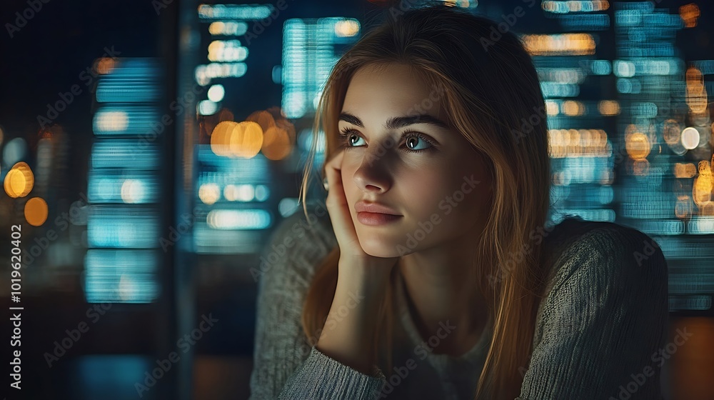 Poster Computer code hologram and woman thinking of data analytics information technology or software overlay at night Laptop solution and IT people with algorithm statistics and cybersecurit : Generative AI