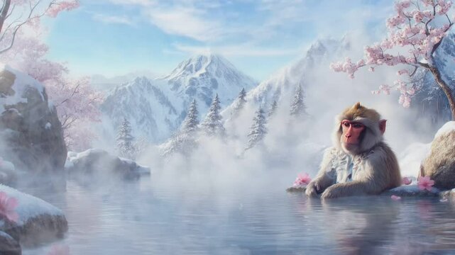 A snow monkey sits in a hot spring, surrounded by snowy mountains and cherry blossoms.