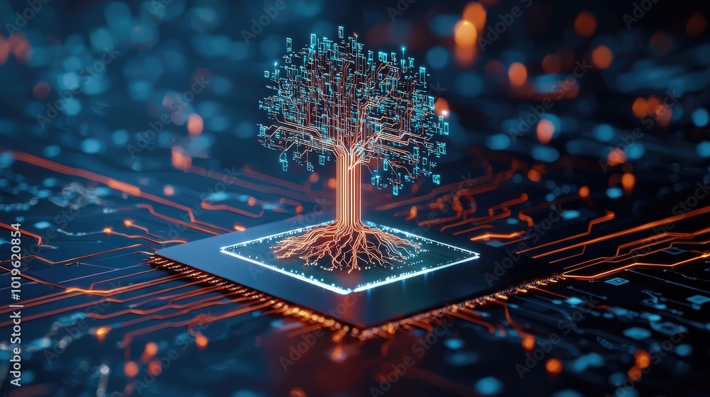 Poster a stunning digital representation of a tree emerging from a circuit board, symbolizing the fusion of