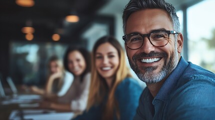 Fototapeta premium Business people and happy at boardroom in portrait with meeting for teamwork collaboration and feedback on company growth Group office and smile with pride for strategy progress and co : Generative AI