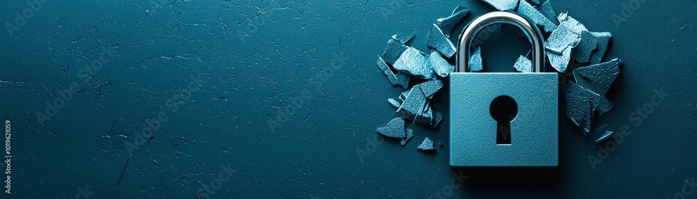 Poster a close-up of a metal padlock on a textured blue surface, surrounded by shards of broken material, s
