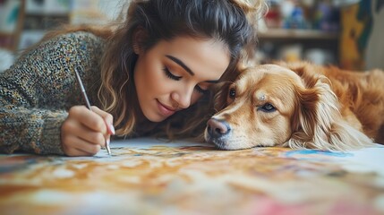 Relaxed young hispanic woman artist drawing with beloved dog ensconced on art studio floor a captivating indoor portrait of creativity painting passion and gentle pet companionship : Generative AI