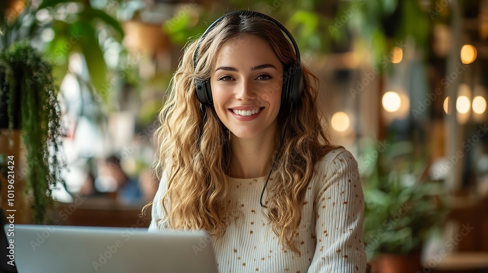 Aufkleber smiling caucasian business woman with headset working on a laptop in a call center on the line happy
