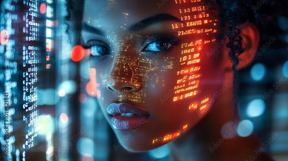 Fototapete Black woman with tablet erp data hologram and innovation research and programming in future information technology Futuristic network analytics and developer for startup business websi : Generative AI