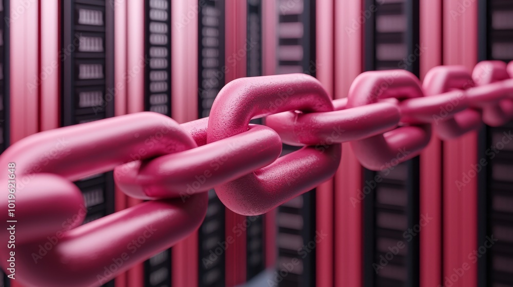 Poster a close-up of a pink chain links, set against a backdrop of vertical black and red structures, sugge