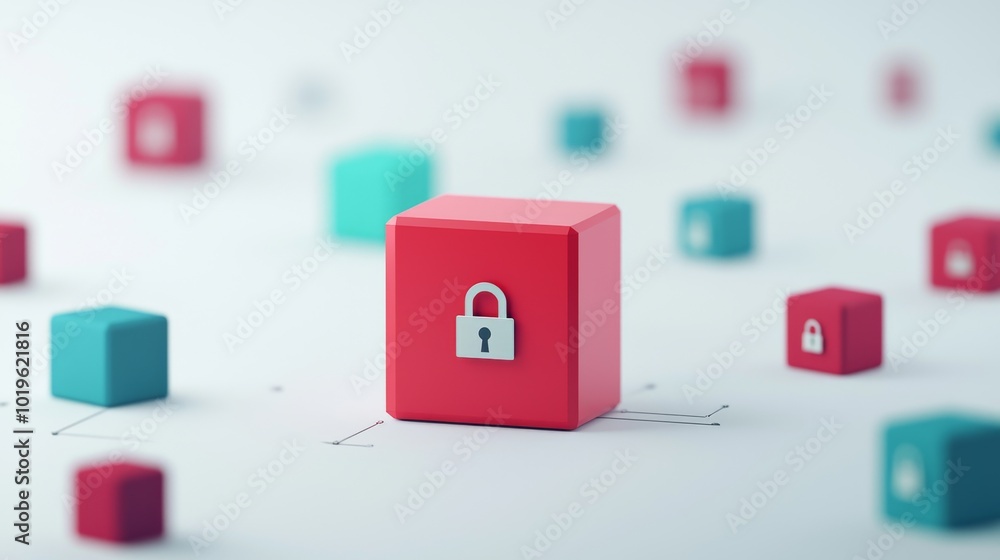 Poster a red block with a padlock symbol stands out among smaller teal blocks, representing security and pr