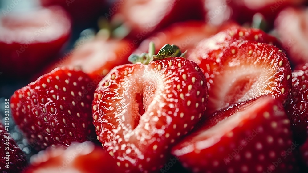 Poster strawberry background blurred natural red background texture of strawberry berries beautiful sliced 