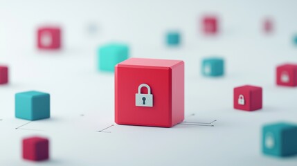 A red block with a padlock symbol stands out among smaller teal blocks, representing security and protection in a digital environment.