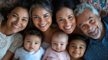 Family of 5 people including parents including 0 year old babies and senior grandparents who lie on the flooring : Generative AI