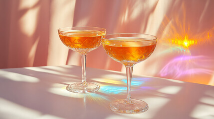 orange cocktails are served in crystal clear glasses, with the colored light reflects