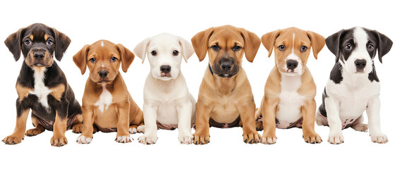 Group of adorable puppies sitting in a line, isolated on a white background.