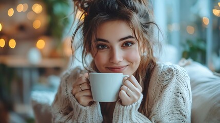 Portrait of Relaxing young woman holding cup enjoy smell coffee or tea and drinking with happiness in morning while sit on sofa in living roomFree timetake break in homesmiling : Generative AI
