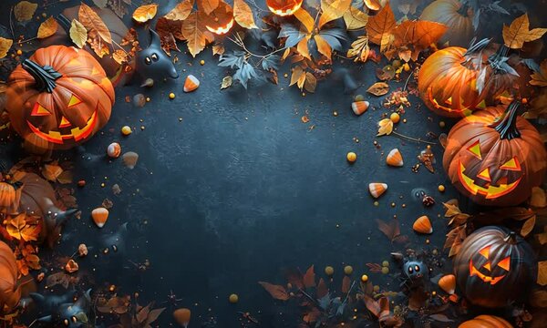 Halloween Pumpkin and Fall Leaves Border