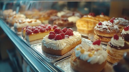 Italian Bakery counter Window of desserts at a pastry shop Fresh and tasty products : Generative AI
