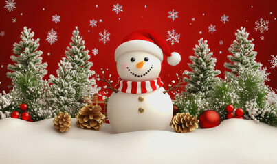 Snowman in a festive winter landscape with trees and snowflakes