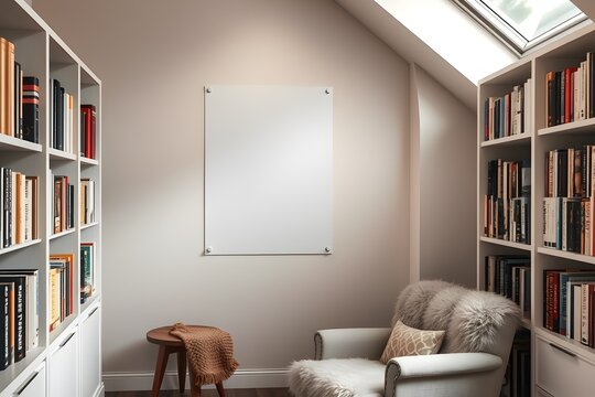 Cozy Reading Nook With Bookshelves And Blank Canvas