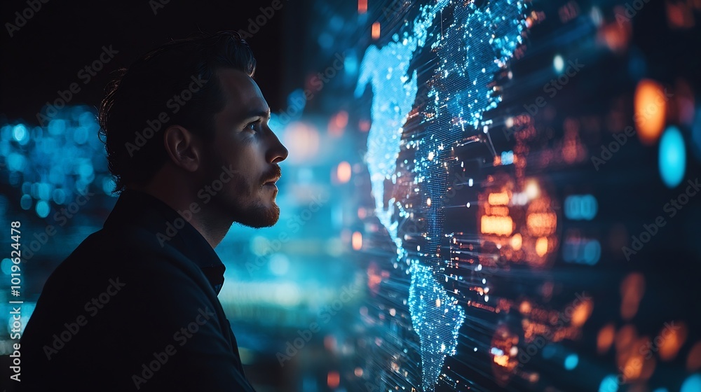 Poster Tech driven Global Business Businessman embraces technology as he analyzes big data for business intelligence composition of world map digital links emphasizes interconnectedness of gl : Generative AI