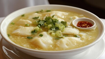 Fresh Soup with Fish Dumplings and Green Garnish