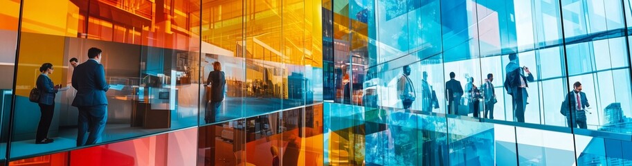 Modern business and city architecture photo abstract double exposure collage of various professional business people in an urban city scene for banner. Generative AI