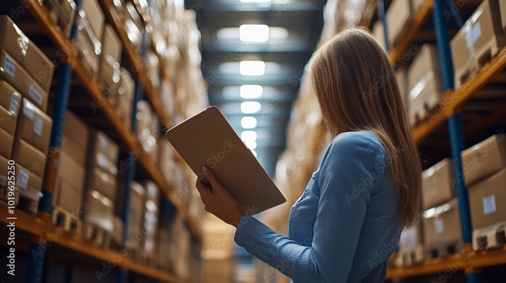 Poster tablet woman and online stock check with shipping company logistics and e commerce with tech digital