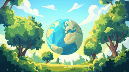 Naklejka premium Cartoon Earth with Trees, vibrant blue sky, lush green and yellow hues, high-resolution vector art for environmental themes