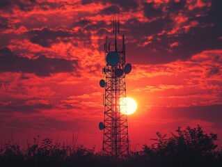 Fototapeta premium Silhouette abstract telecommunication tower Antenna and satellite dish at sunset sky background
