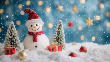 Obraz premium Whimsical winter holiday scene with trees, snowman, ornaments, and gifts